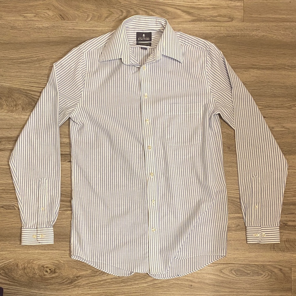 Stafford White and Blue Striped Dress Shirt
